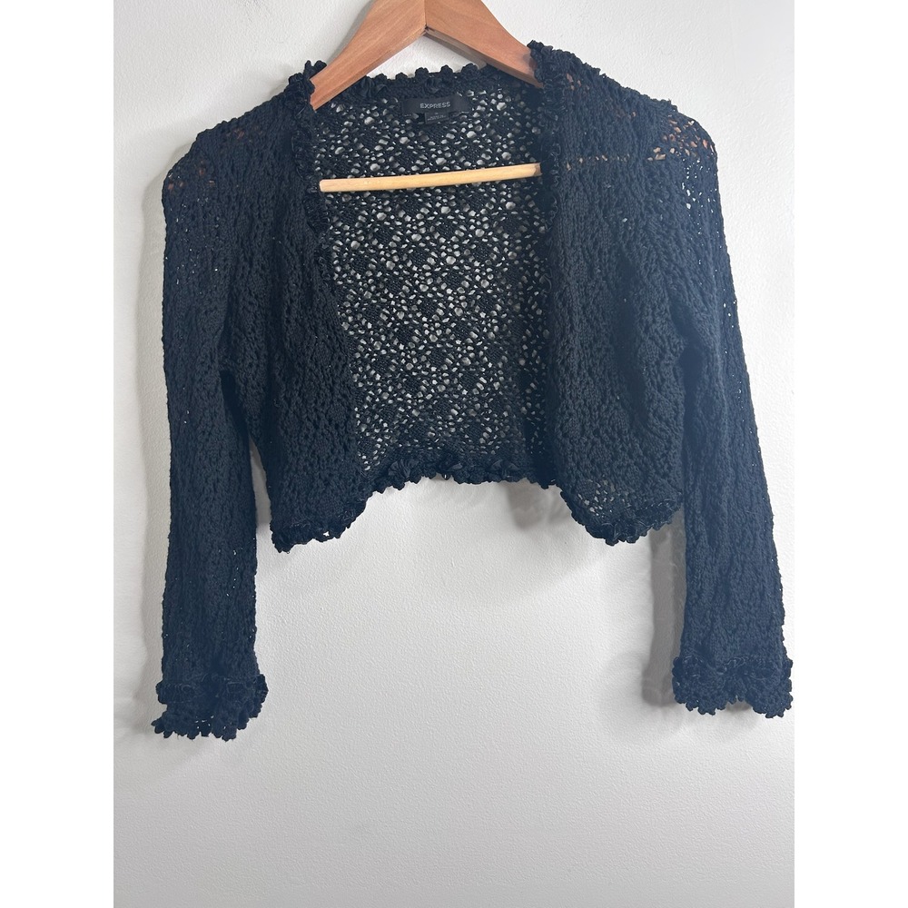 Black Crochet Knit Cropped Shrug Bolero Cardigan Sz S Whimsigoth Cottagecore Y2K